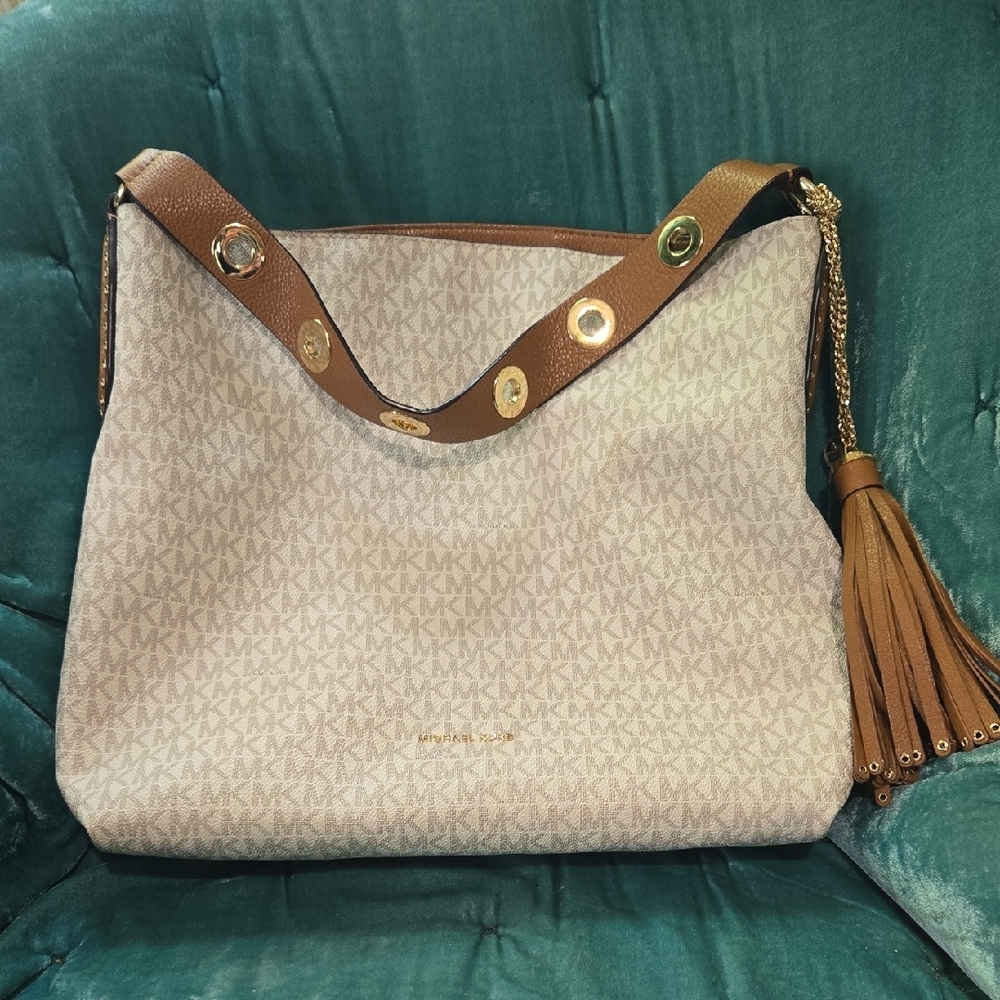 Michael Kors Cream and Brown Shoulder Bag with Gold Hardware